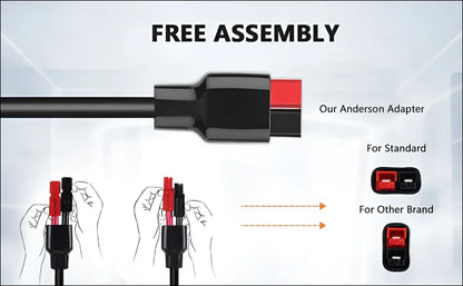 Anderson adapter mit roten und schwarzen anschlüssen für solarkabelanschluss am universalladekabel