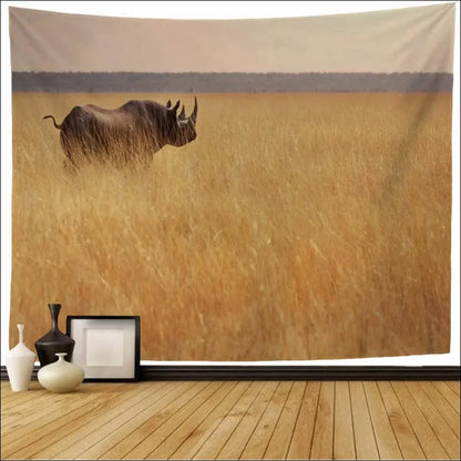 Vivid rhino tapestry – afrikanische graslandschaft: rhino in einem farbigen wandteppich