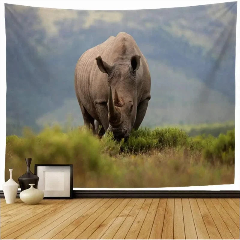 Vivid rhino tapestry – afrikanische graslandschaft: lebendiger rhinozeros wandteppich decor