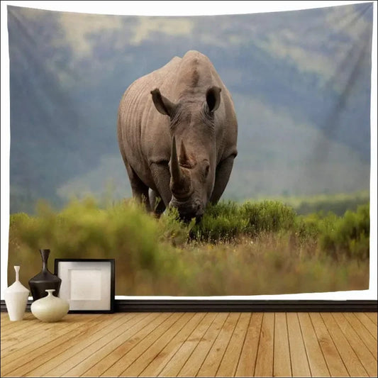 Vivid rhino tapestry – afrikanische graslandschaft: lebendiger rhinozeros wandteppich decor