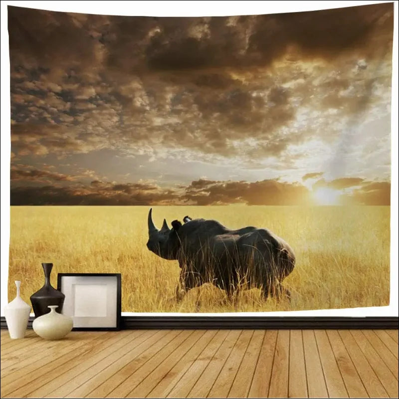 Vivid rhino tapestry – ein nashorn in einem feld bei sonnenuntergang im afrikanischen grasland