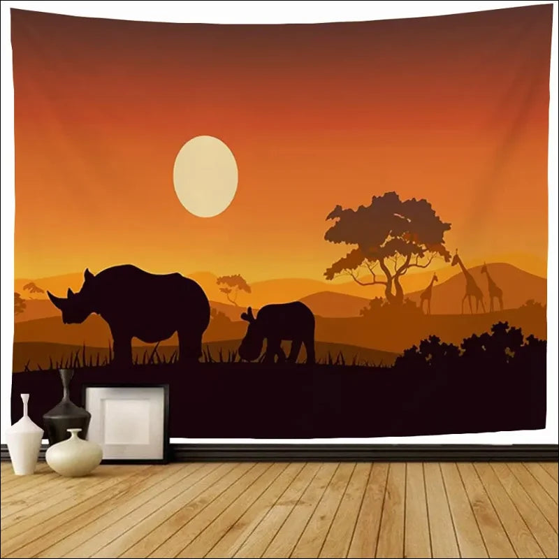 Wandteppich mit elefant und giraffen im sonnenuntergang – vivid rhino tapestry