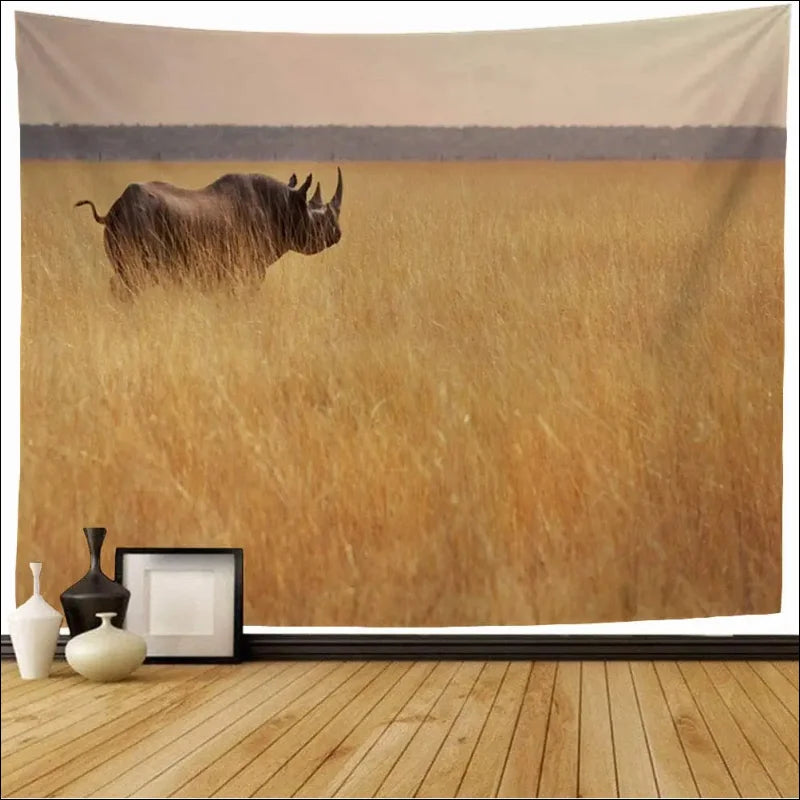 Vivid rhino tapestry wall hanging zeigt ein rhinozeros in afrik. Grasland