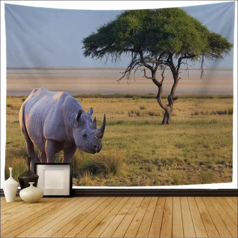 Vibrantes rhino-gobelin – afrikanische graslandschaft, rhino-tapete für ihr zuhause