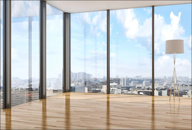 Sonnenstrahl wandteppich mit ausblick-fenster: große fenster-silhouette mit stadtblick