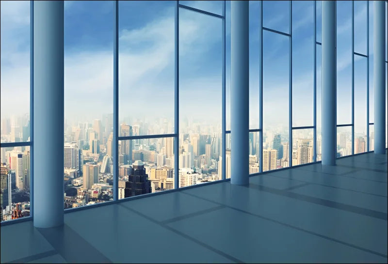 Großes fenster mit stadtpanorama - sonnenstrahl wandteppich mit ausblick-fenster