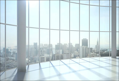 Großes fenster mit stadtblick, sonnenstrahl wandteppich mit faszinierendem ausblick-fenster