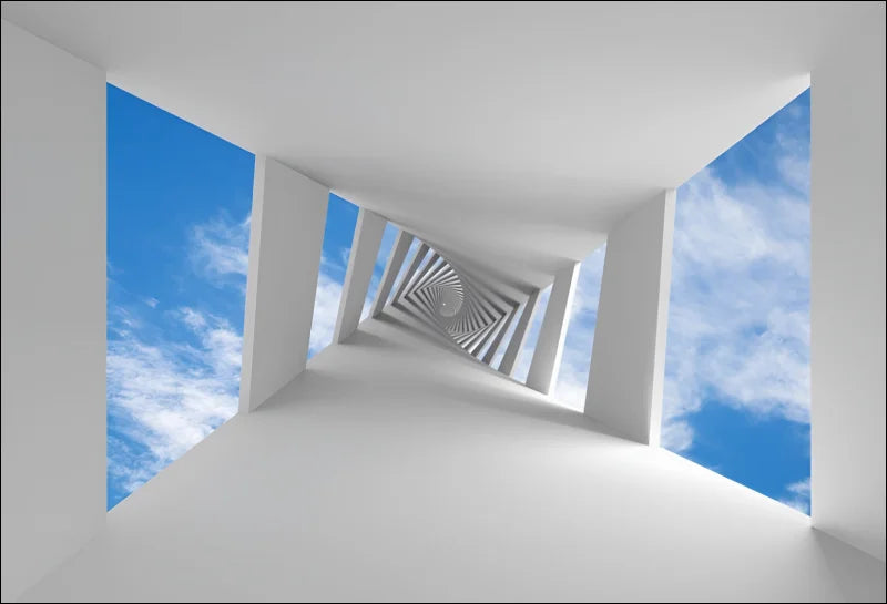 Weißer raum mit blauem himmel und wolken im sonnenstrahl wandteppich mit ausblick-fenster