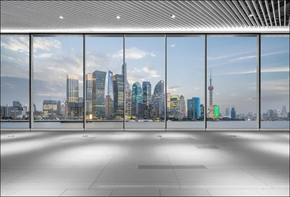 Sonnenstrahl wandteppich mit ausblick-fenster auf die stadt, fenstersilhouette für modernes dekor