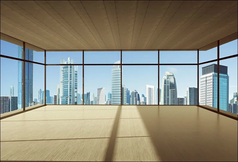 Großer leerer raum mit stadtblick durch ein sonnenstrahl wandteppich mit ausblick-fenster