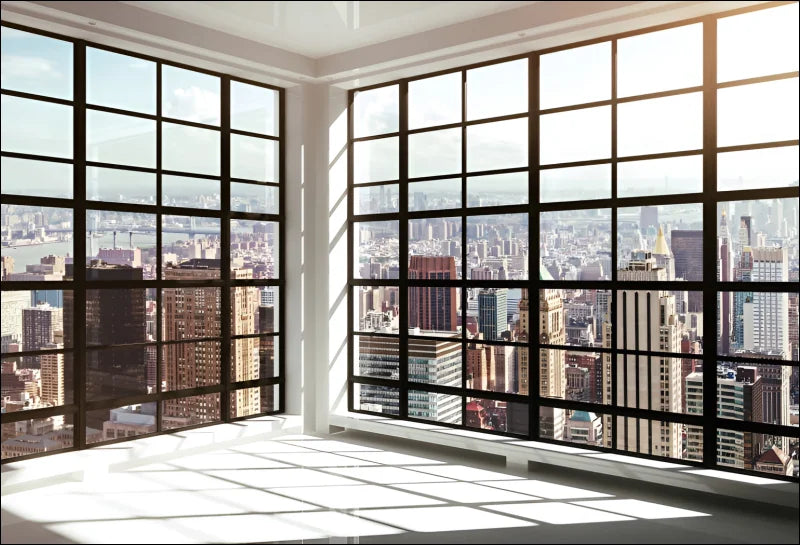 Großes fenster mit stadtblick – sonnenstrahl wandteppich mit ausblick-fenster