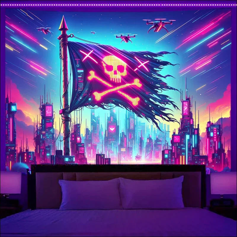 Zerrissene piratenflagge mit einem leuchtenden neon-totenkopf vor einer futuristischen stadtlandschaft.