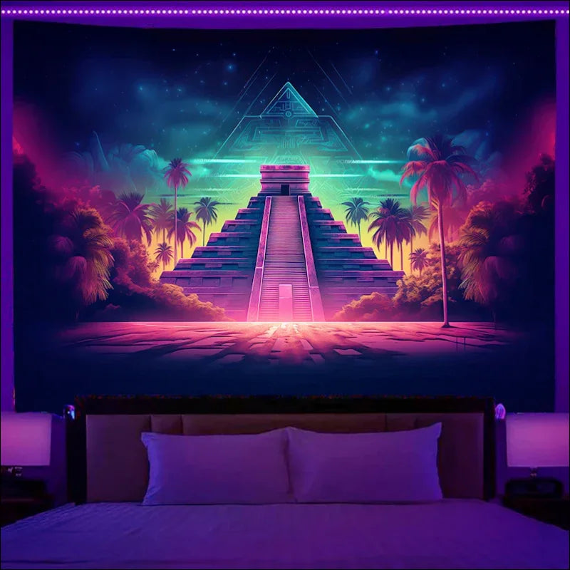 Neonfarbene maya-pyramide, umgeben von palmen in einer surrealen tropischen landschaft.