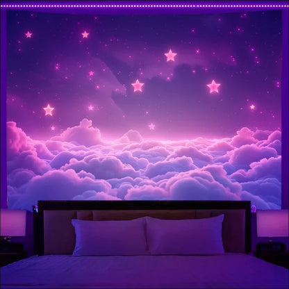 Fluoreszierender wandbehang im 80er retro style mit fantasie sternenhimmel und bett