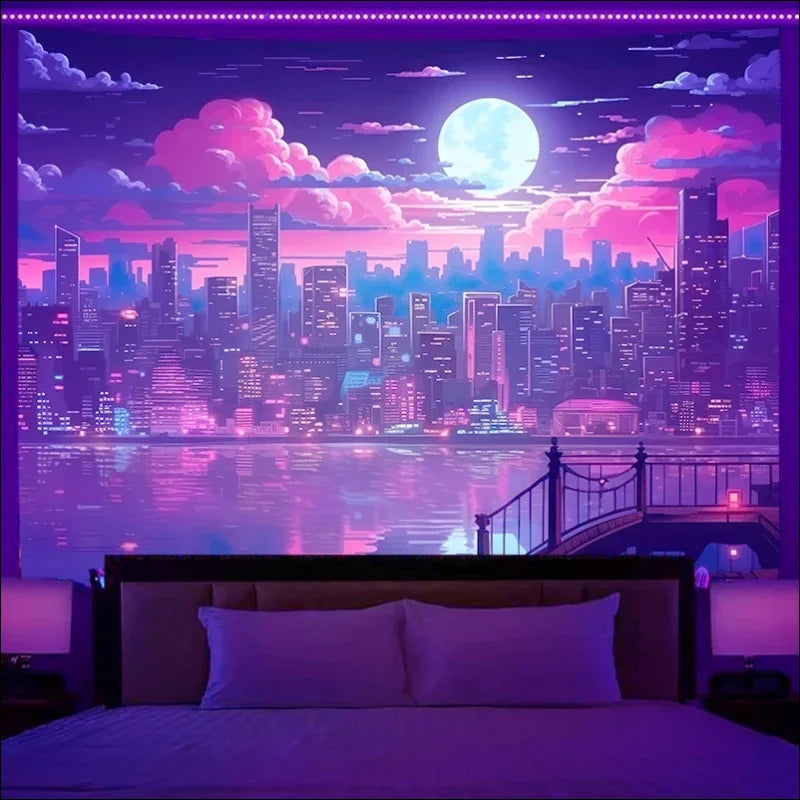 Schlafzimmer mit stadtlandschaft fluoreszenz wandbehang im 80er retro style