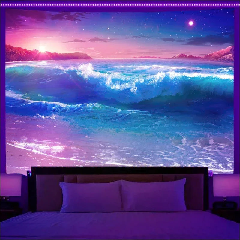 Schlafzimmer mit großem strand-wandbild im ’fluoreszierender wandbehang im 80er retro style’