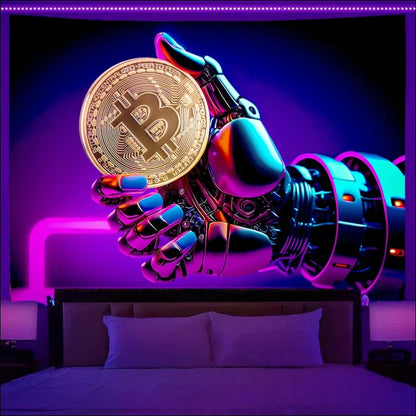 Wandbehang astronaut fantasy kunst hintergrund mit schwarzlicht anleuchten, bitcoin auf bett