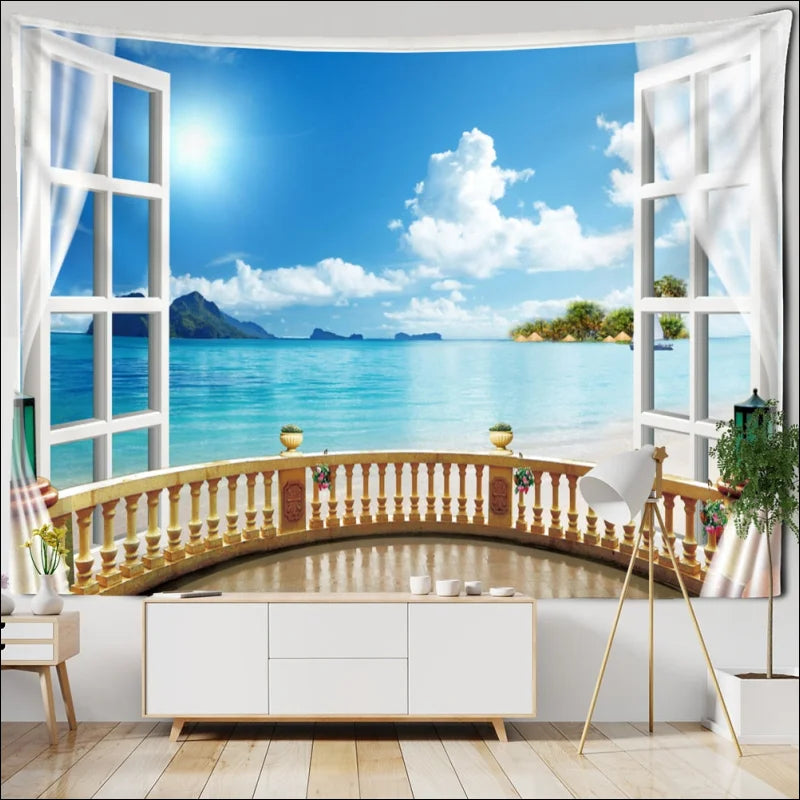 Atemberaubender Wandteppich mit Fensterlandschaft: