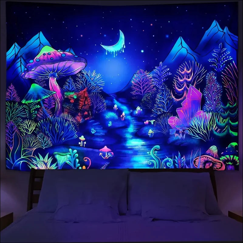 Ein bett mit einem wandgemälde eines waldes und dem psychedelischen lichtteppich baum des lebens