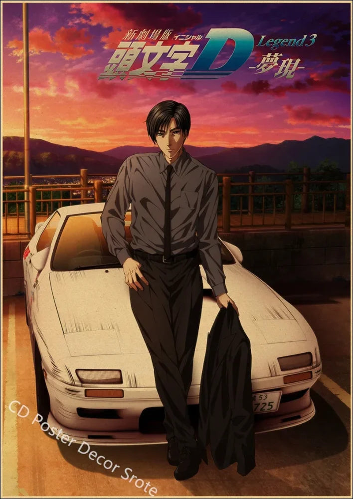 Retro japan kunst poster – mann sitzt auf auto, 80er und 90er retro dekor, kraftpapier