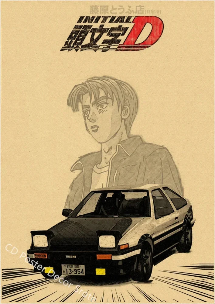 Retro japan kunst: mann mit auto poster – 80er und 90er dekor auf kraft papier