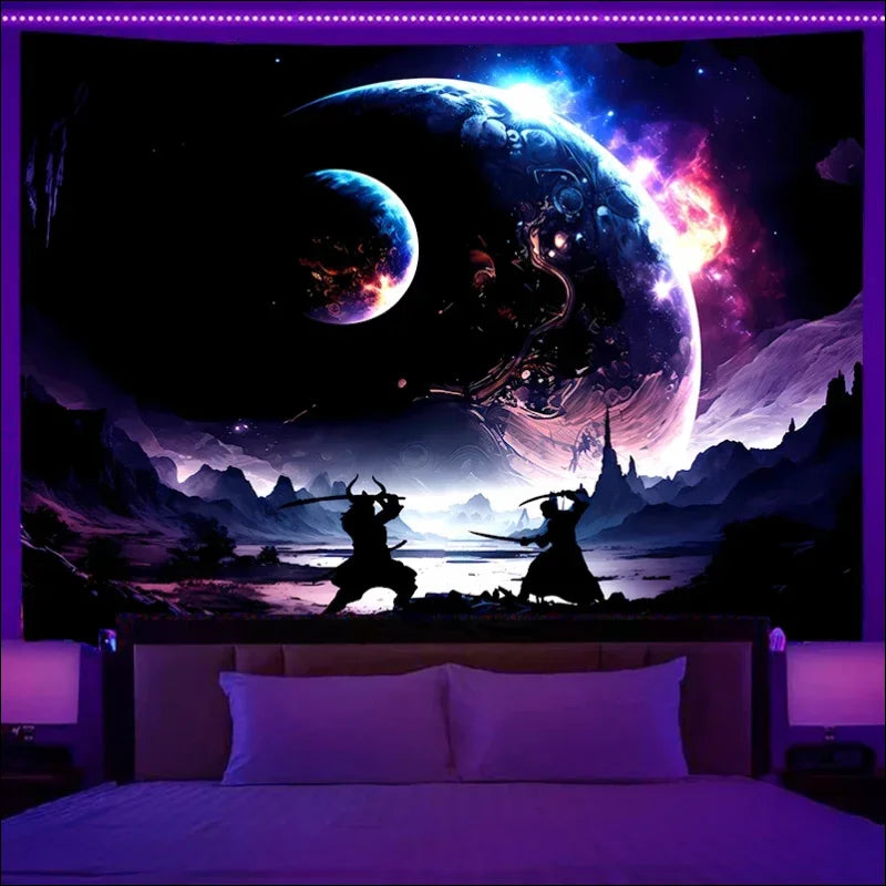 Bett mit retro lila sky planet wandbehang - ein traumhafter fantasy sternenhimmel