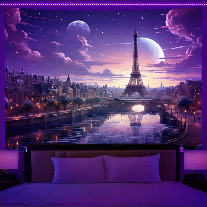 Schlafzimmer mit bett und retro lila sky planet wandbehang - fantasy sternenhimmel