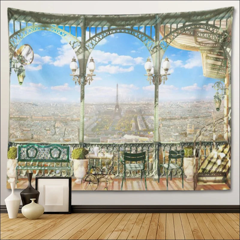 Romantischer Wandbehang mit Fensteransicht und Pariser Stadtbild