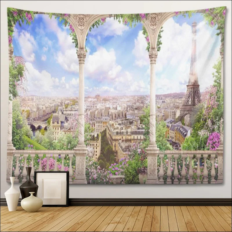 Romantischer Wandbehang mit Fensteransicht und Pariser Stadtbild