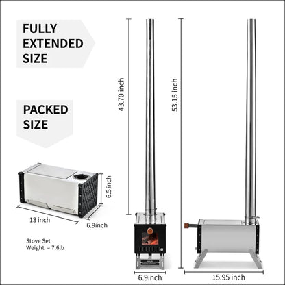 Abmessungen des edelstahl zelt holzofens im kompakten outdoor-feuerzauber aus edelstahl