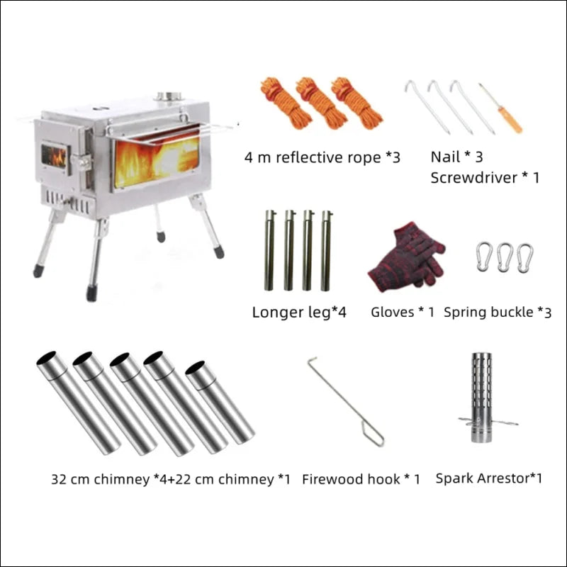 Barbecue-tools und ein mini-kamin im freien für holzofen-zelt-heizung