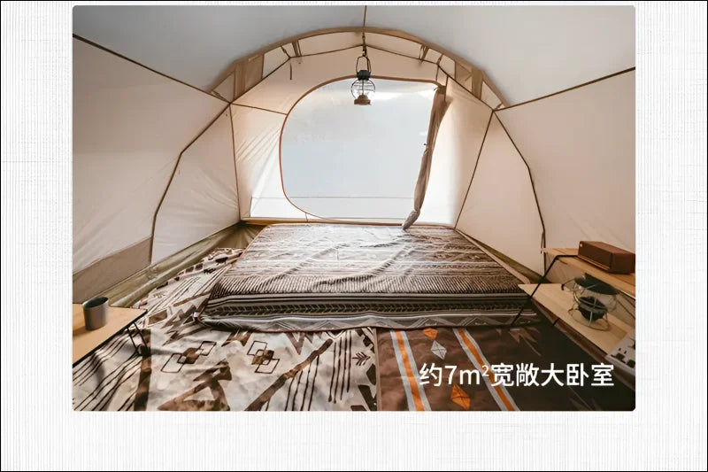 Ein bett in einem zelt mit offenem fenster im produkt 3-4 personen camping autozelt