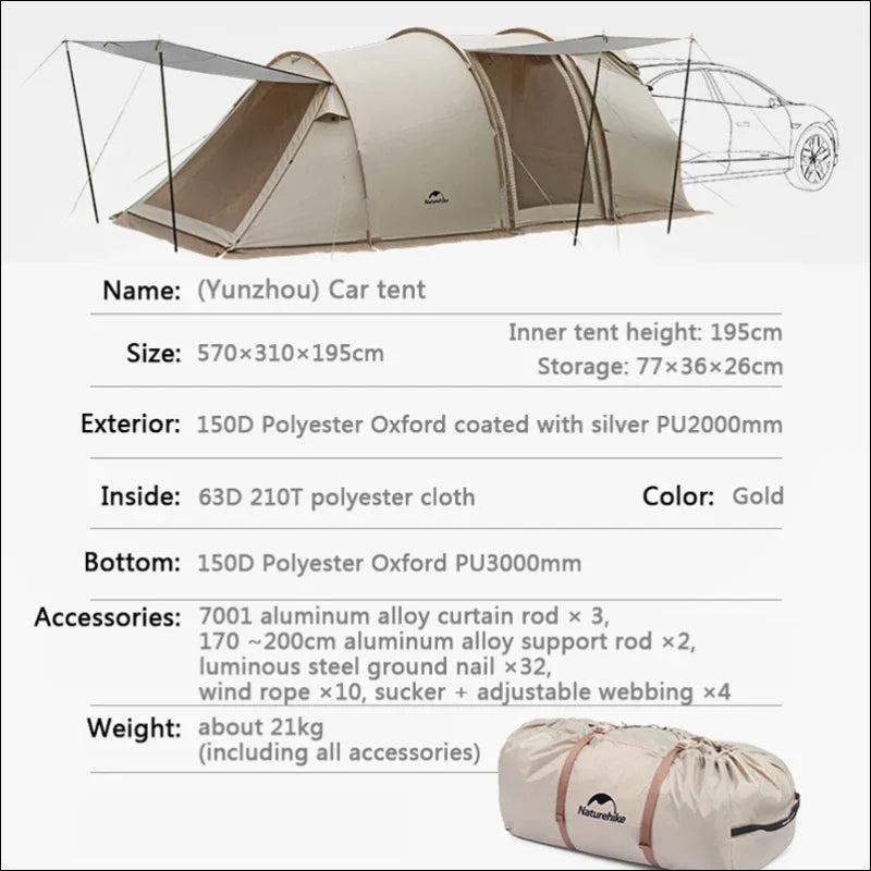 Ein camping-autozelt für 3-4 personen mit tasche und rucksack