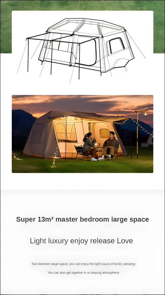 Ein ultimatives outdoor-zelt mit leuchtendem ’super master bedroom space’-text